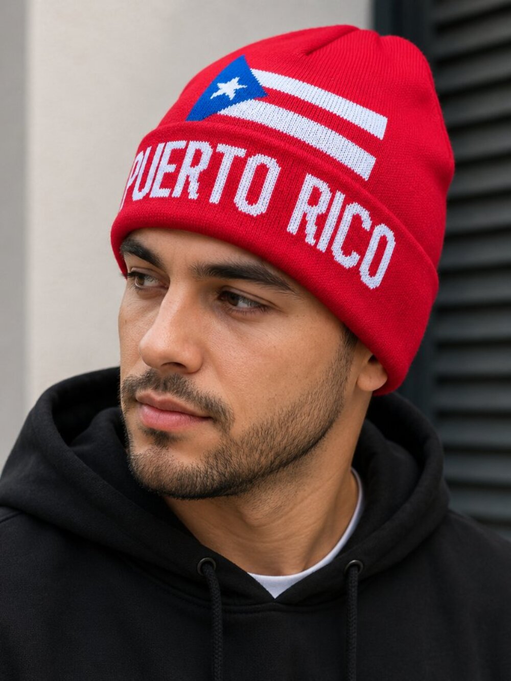 Puerto Rico Flag Knit Beanie Hat | Red Cuffed Winter Cap
